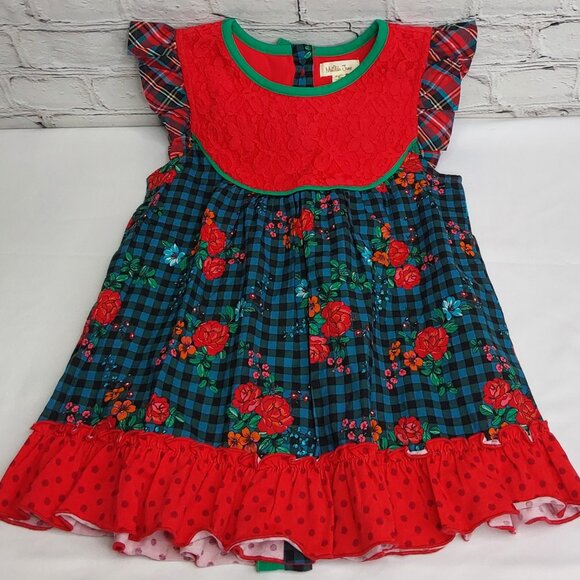 MATILDA JANE 'BOUGHS OF HOLLY' TUNIC BUTTON BACK PLAID RUFFLE LACE TOP